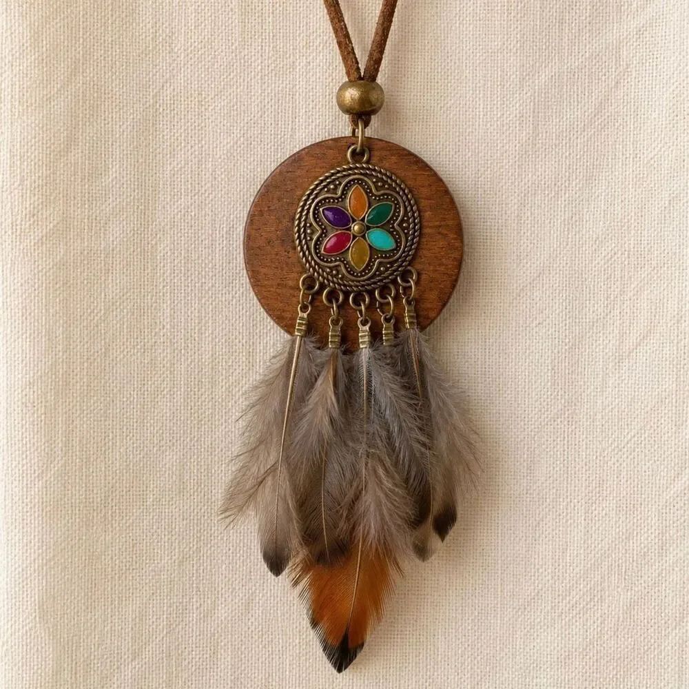Nomad Feather Pendant Necklace in Wood, Metal & Bronze Tones